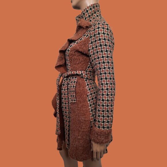Y2K Belted Mid Length Houndstooth Coat Rust Brown Black Fuzzy Trim Size S - Picture 4 of 8